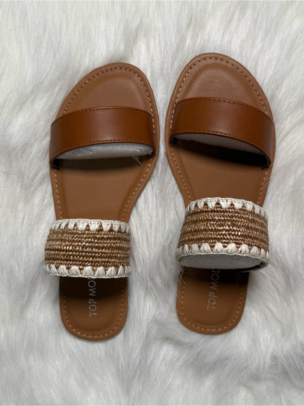 TOP Moda Tan Brown Woven Band Slide Sandals